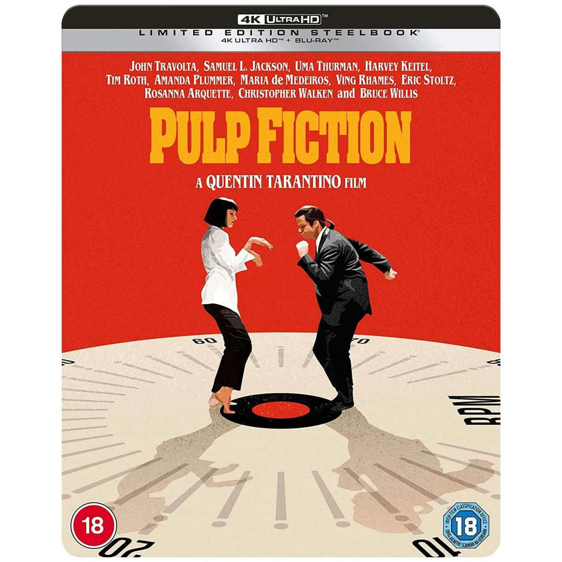 Pulp Fiction Limited Edition UK Steelbook 4K UHD Blu-Ray pre-order with iconic dance scene cover and Quentin Tarantino film branding