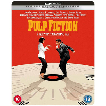 Pulp Fiction Limited Edition UK Steelbook 4K UHD Blu-Ray pre-order with iconic dance scene cover and Quentin Tarantino film branding
