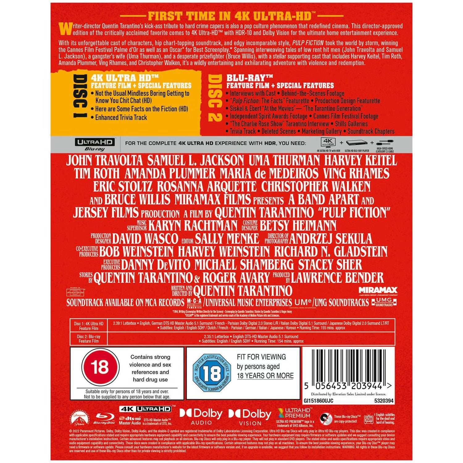 Pulp Fiction Limited Edition UK Steelbook 4K UHD and Blu-Ray pre-order packaging with film details and cast information