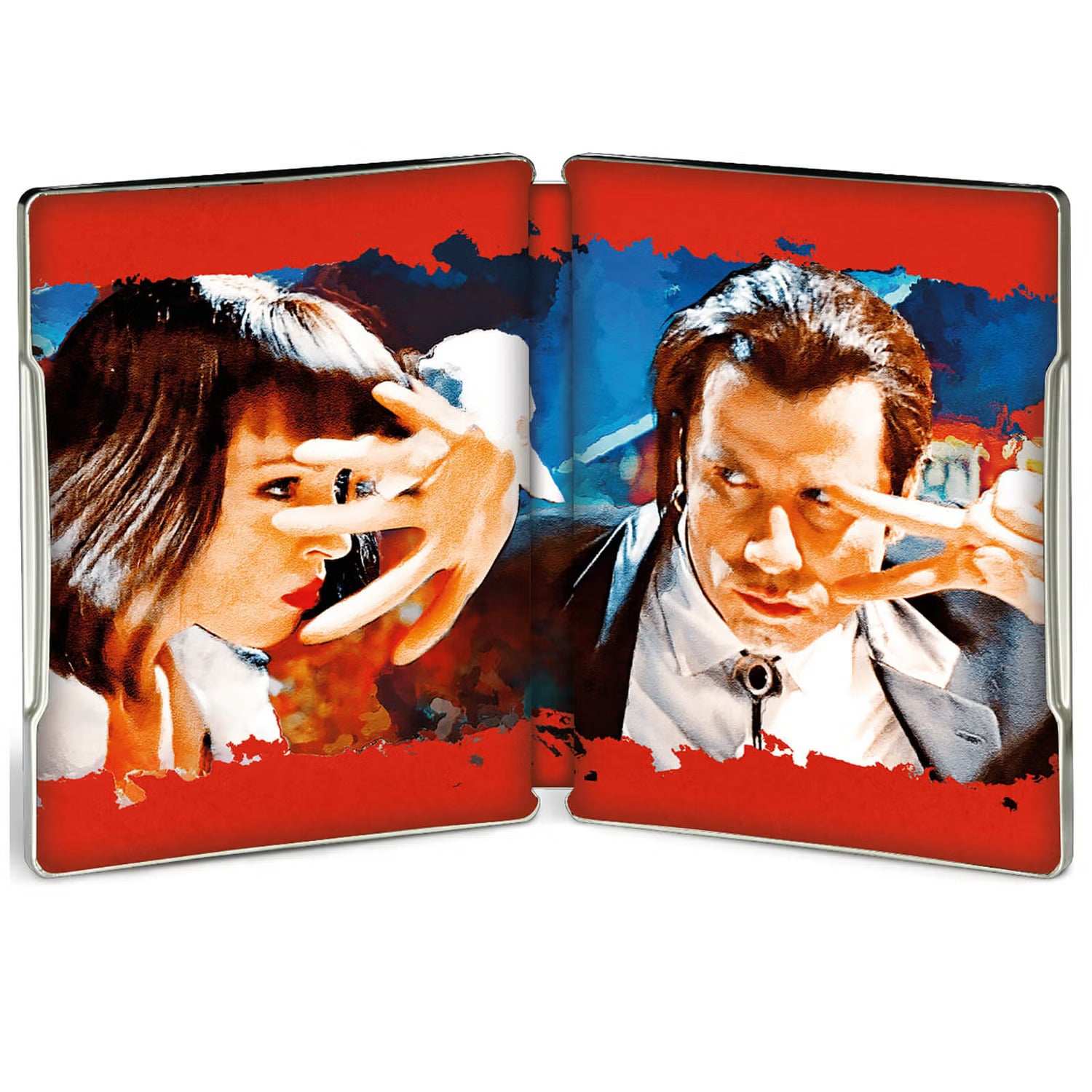 Pulp Fiction limited edition UK steelbook 4K UHD and Blu-Ray open case showing Mia Wallace and Vincent Vega artwork