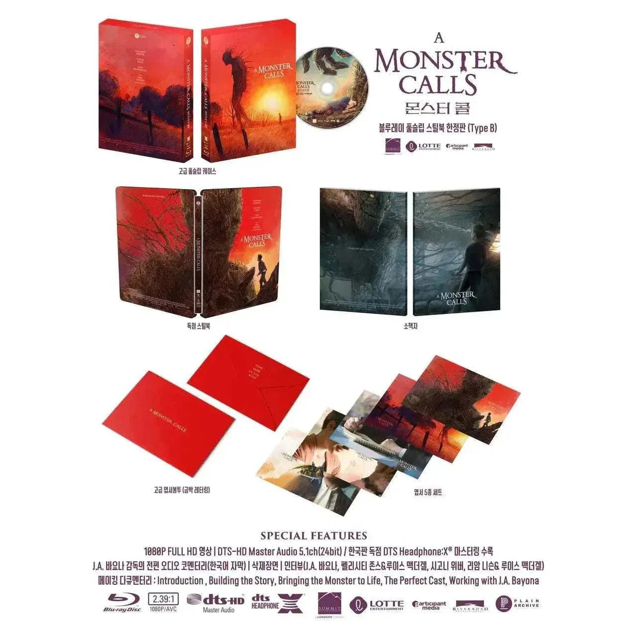 A Monster Calls Blu-ray Steelbook Type B edition with exclusive cover, slipbox, postcard set, mini booklet, and special features.