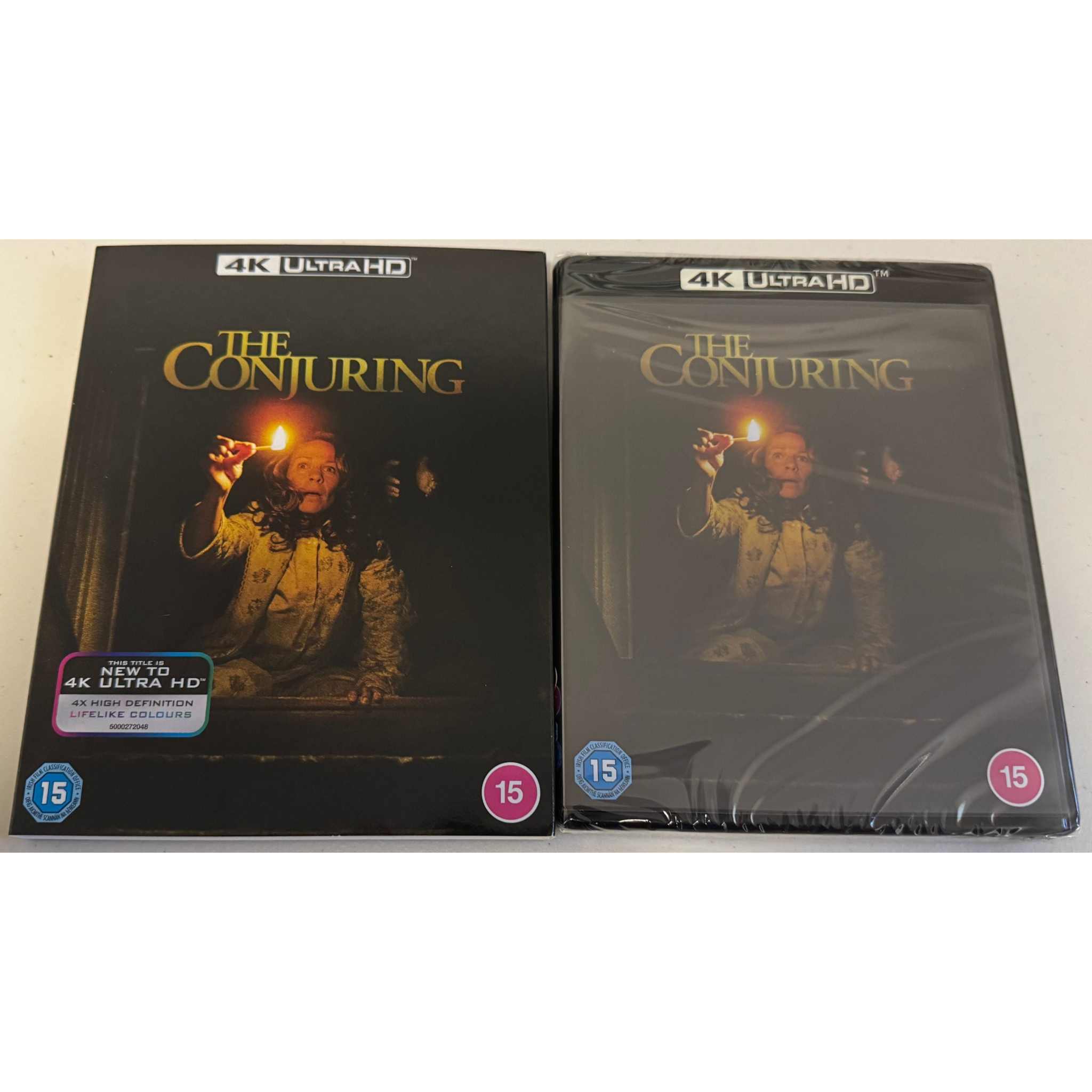 The Conjuring 4K Ultra HD and Blu-Ray UK Standard Edition with slipcover featuring a dark horror movie cover showing a child holding a candle.