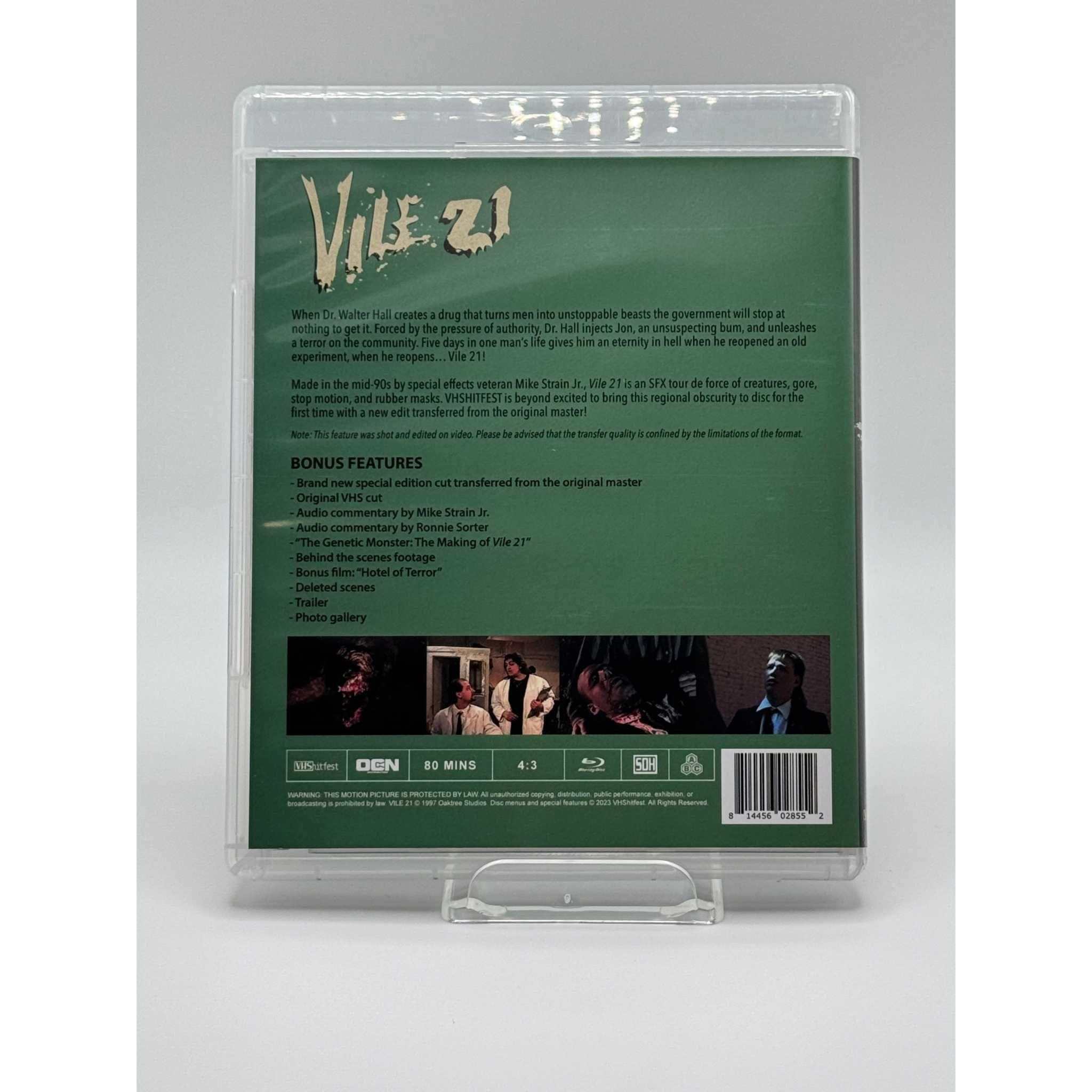 Vile 21 Blu-Ray (USED) with Slipcover, horror exploitation satire film by VHShitfest, very good condition with minor wear.