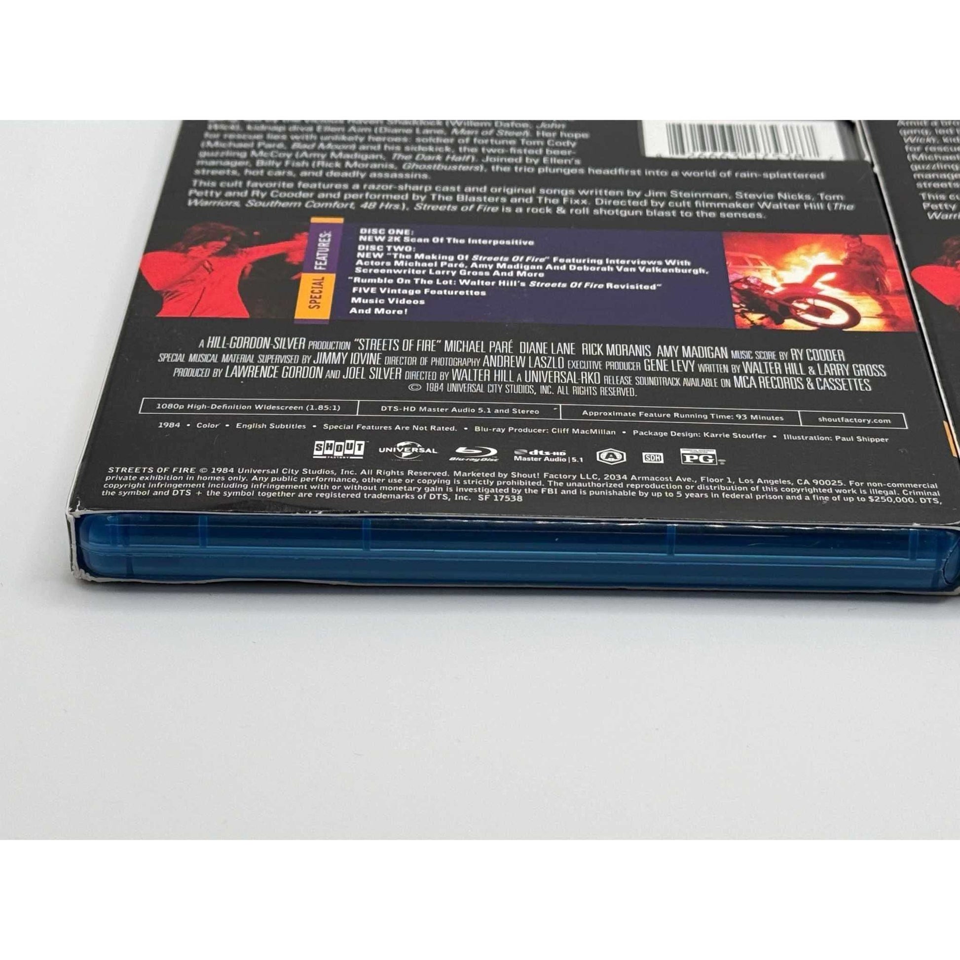 Used Streets of Fire Blu-Ray with minor slipcover wear, Shout Factory edition.