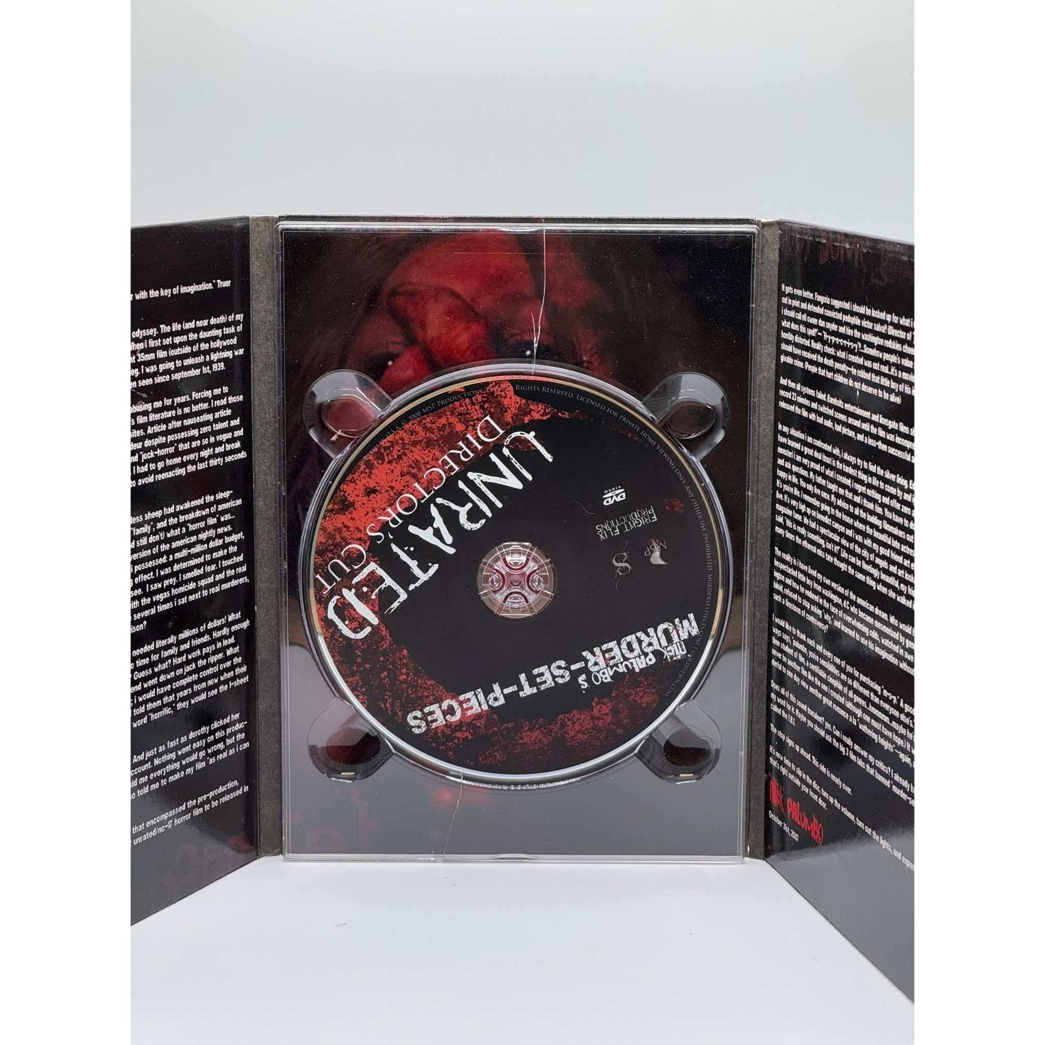 Murder-Set-Pieces DVD unrated director's cut, used, signed by Nick Palumbo, open case showing disc.