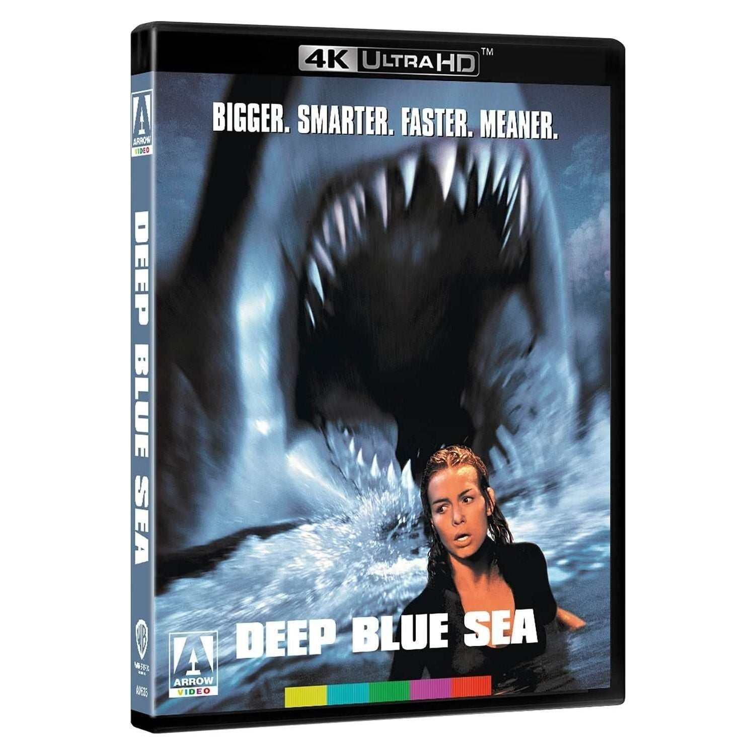 Deep Blue Sea 4K Ultra HD movie cover featuring a terrified woman swimming in water with a large shark approaching from behind.