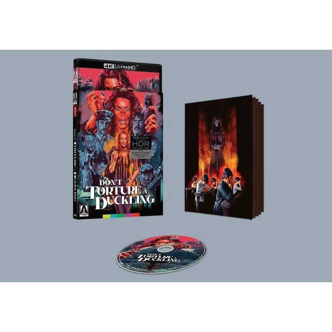 4K UHD cover art of "Don't Torture A Duckling" with dramatic character illustrations and HDR features, includes a slipcover and collector's booklet.