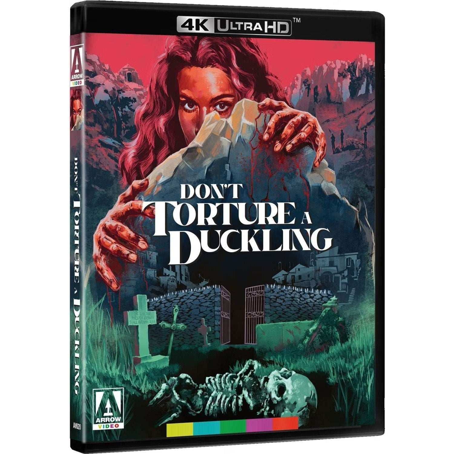 Don't Torture A Duckling 4K UHD Blu-ray with slipcover and booklet, featuring haunting artwork from the 1972 Lucio Fulci thriller.