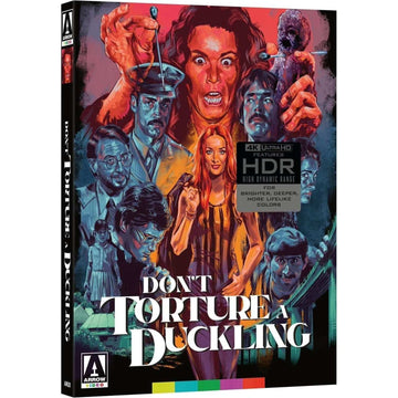 4K UHD cover art of "Don't Torture A Duckling" with dramatic character illustrations and HDR features, includes a slipcover and collector's booklet.
