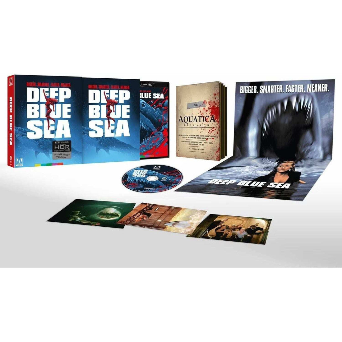Deep Blue Sea 4K UHD movie with shark-themed cover, featuring a woman swimming above a shark, in a rigid slipcase with HDR label
