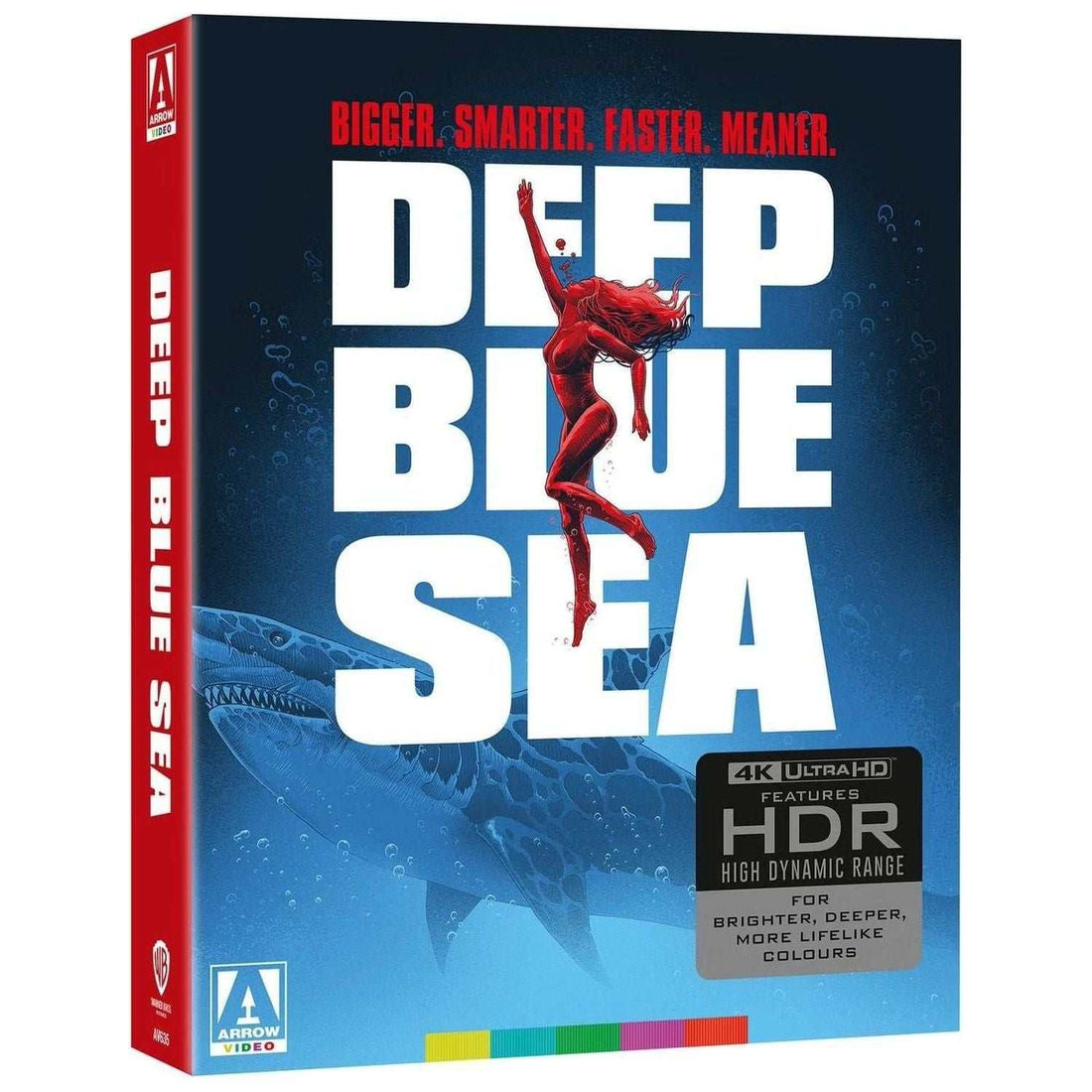 Deep Blue Sea 4K UHD movie with shark-themed cover, featuring a woman swimming above a shark, in a rigid slipcase with HDR label