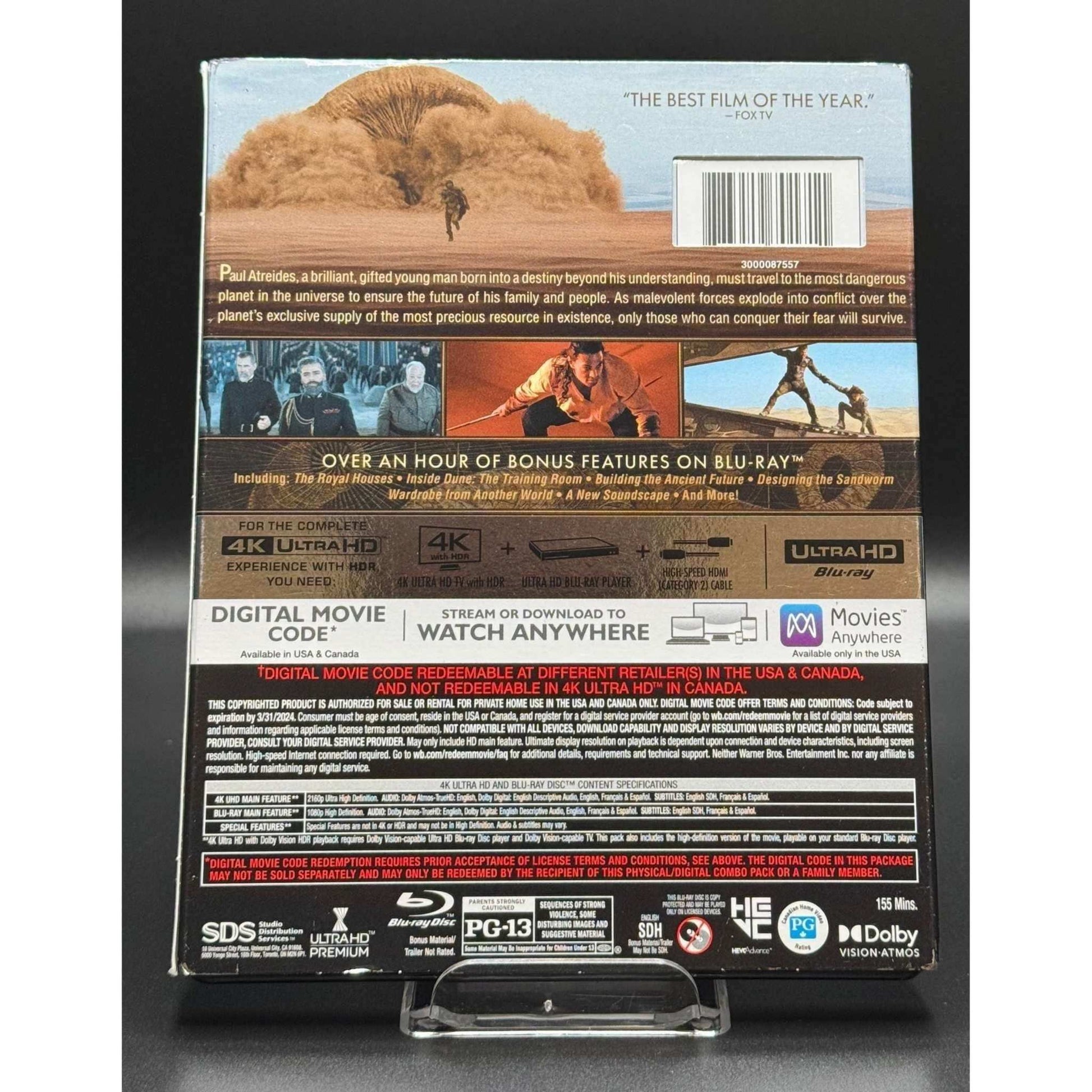 Dune: Part One 4K UHD Blu-Ray Used with Slipcover showing bonus features and digital movie codes.