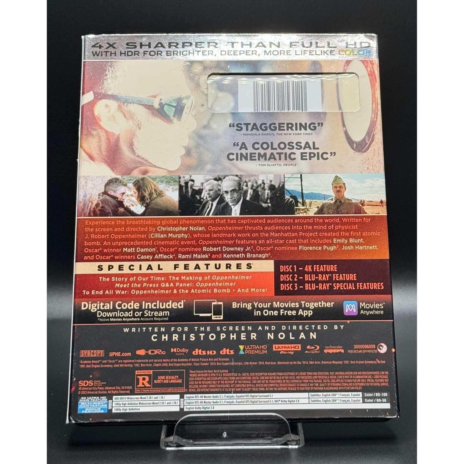 Oppenheimer 4K UHD + Blu-Ray, used with slipcover, special features, good condition.