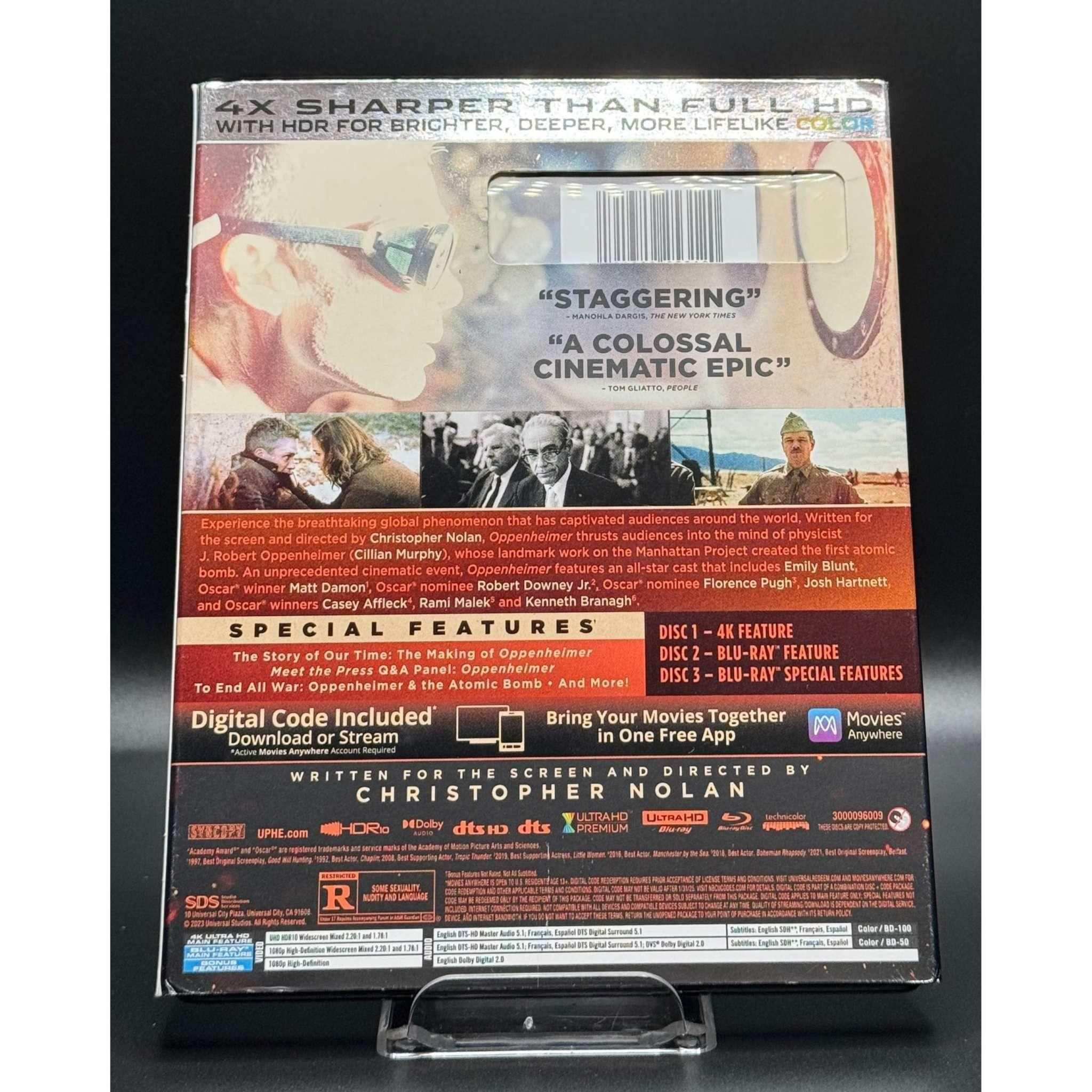 Oppenheimer 4K UHD + Blu-Ray, used with slipcover, special features, good condition.