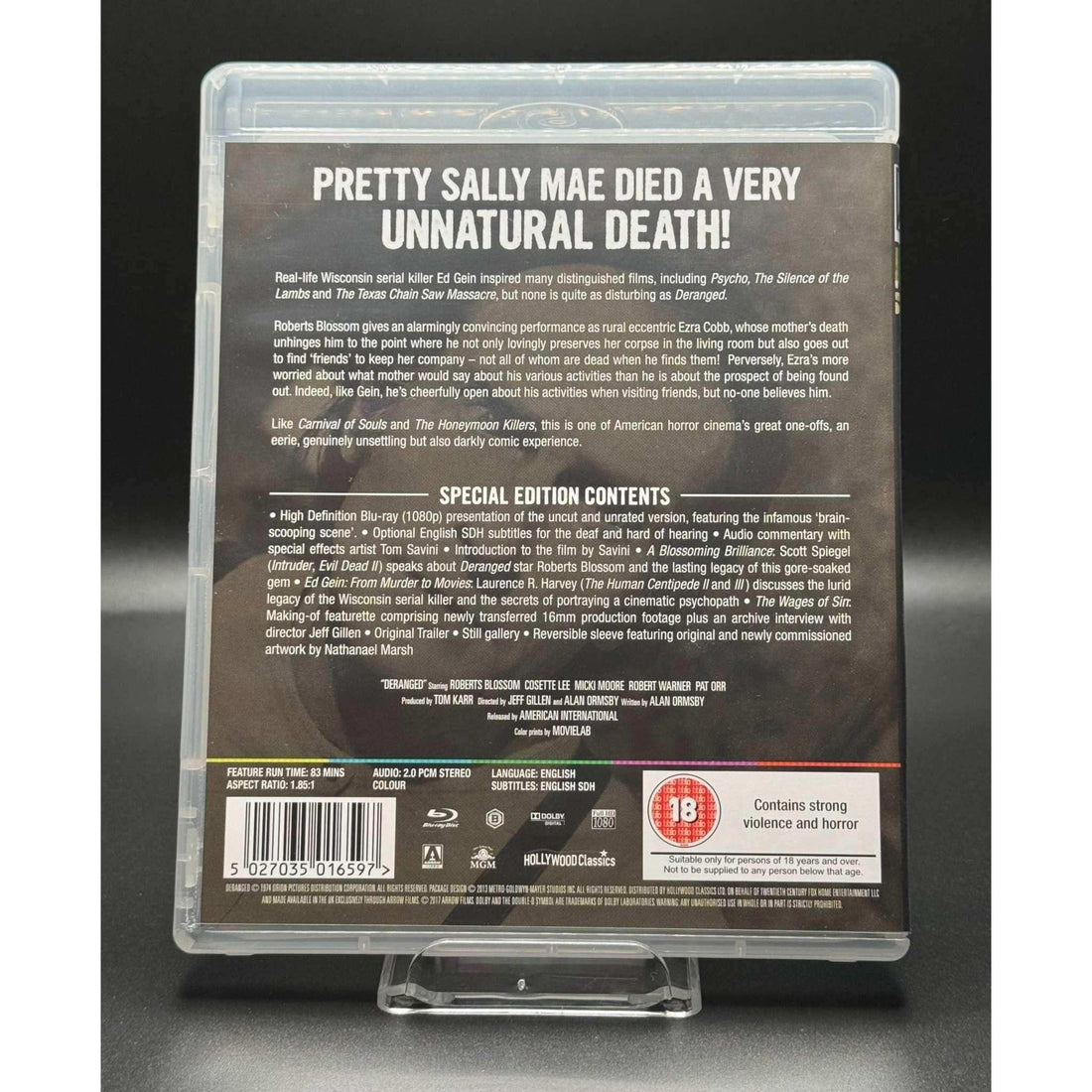 Deranged Blu-ray used Region B Arrow Films cover featuring shadowy figures at a table.