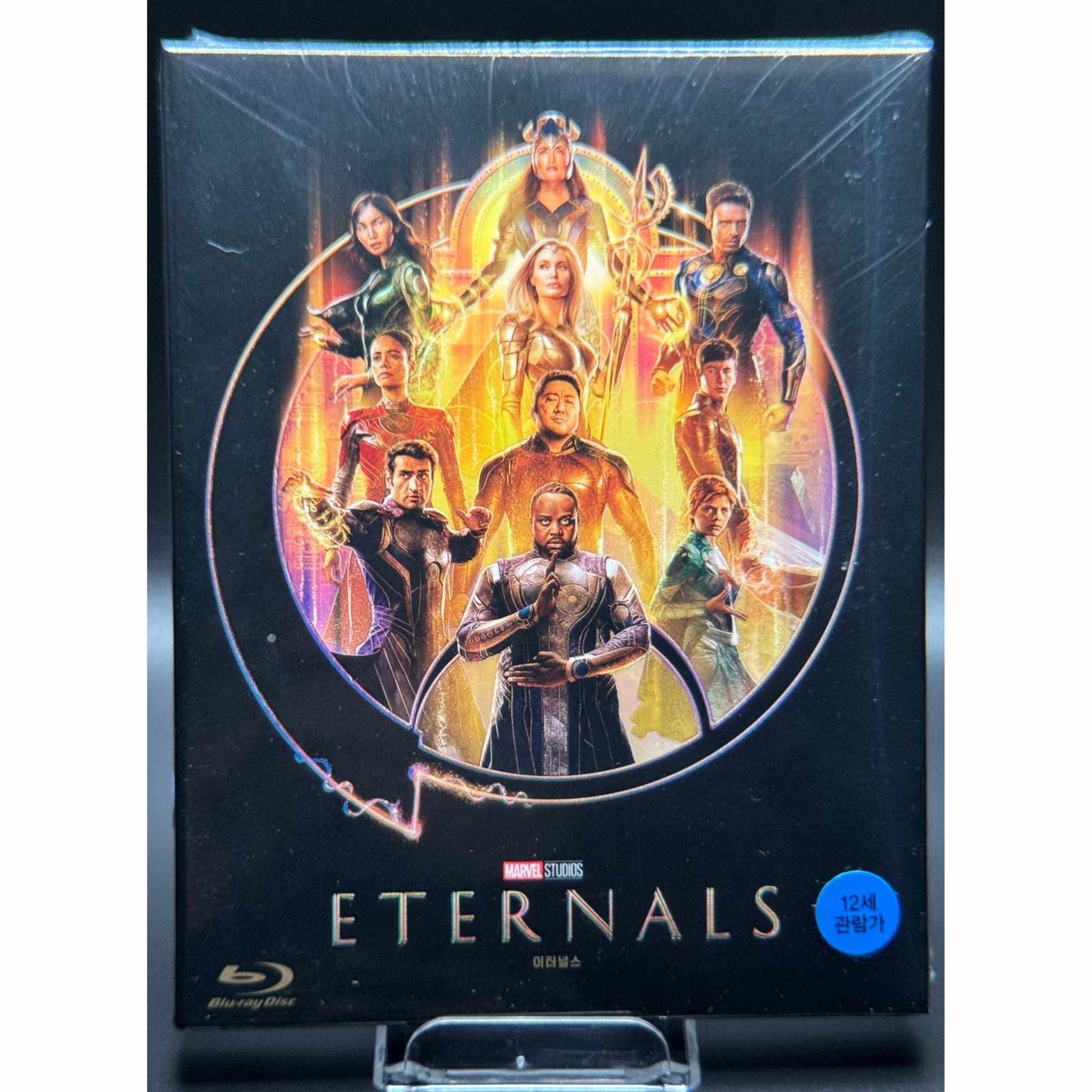 Eternals Blu-Ray Steelbook with Limited Edition Full Slip featuring artwork of characters in vibrant colors.