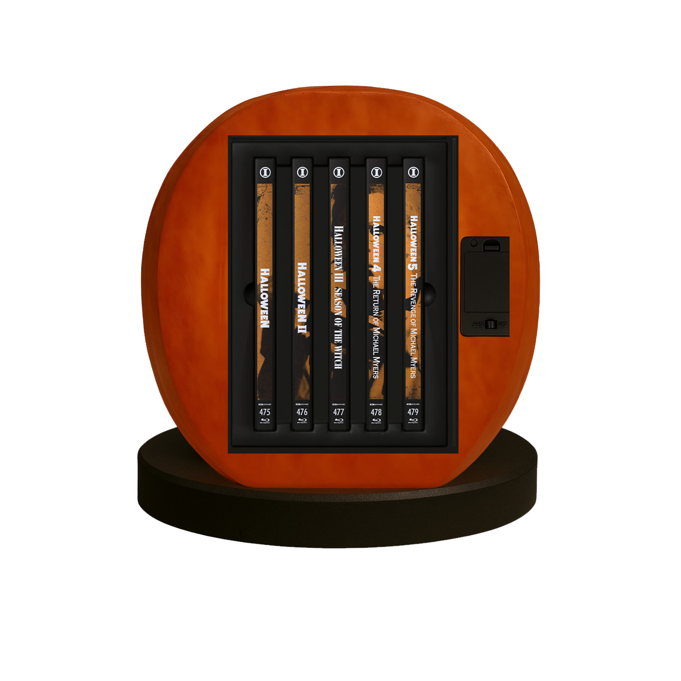 Limited edition Halloween I – V 4K UHD and Blu-ray collection in Jack O’Lantern themed case with LED light and steelbook discs.