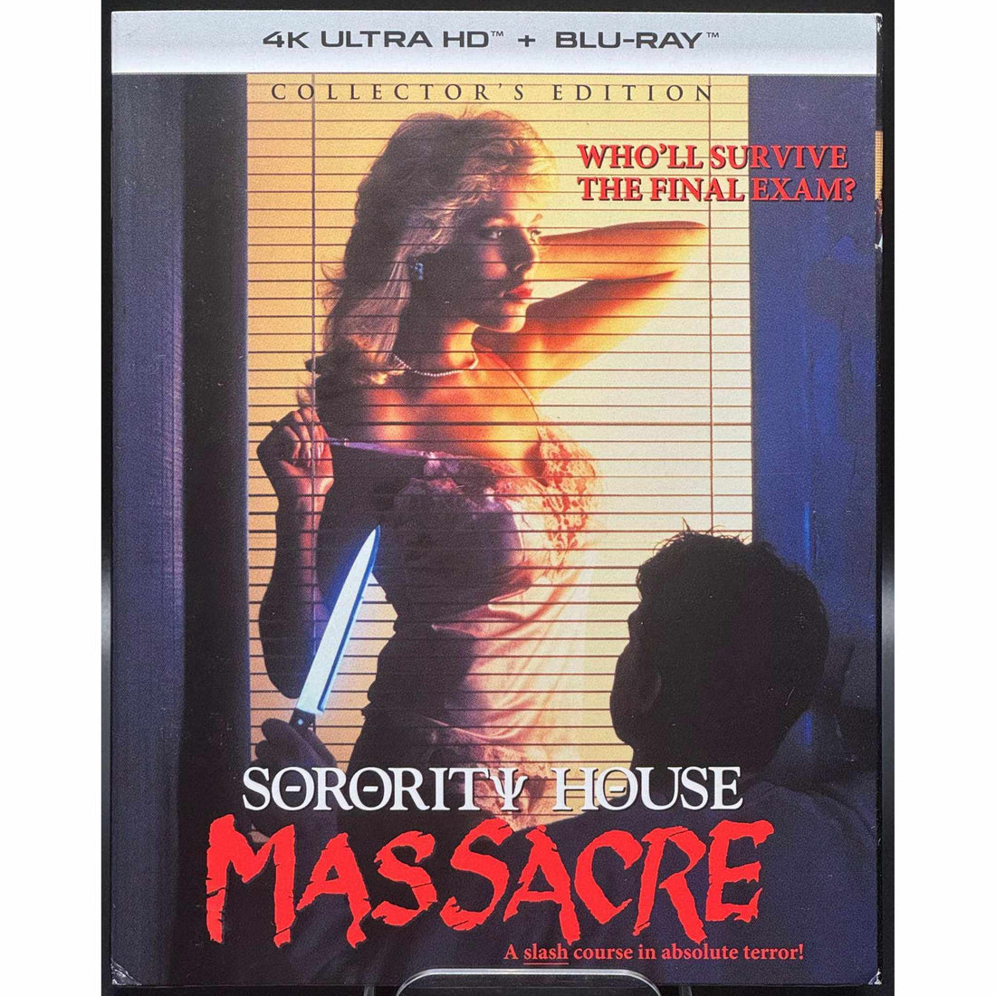 4K UHD Collector's Edition of "Sorority House Massacre" with slipcover featuring a slasher movie scene.