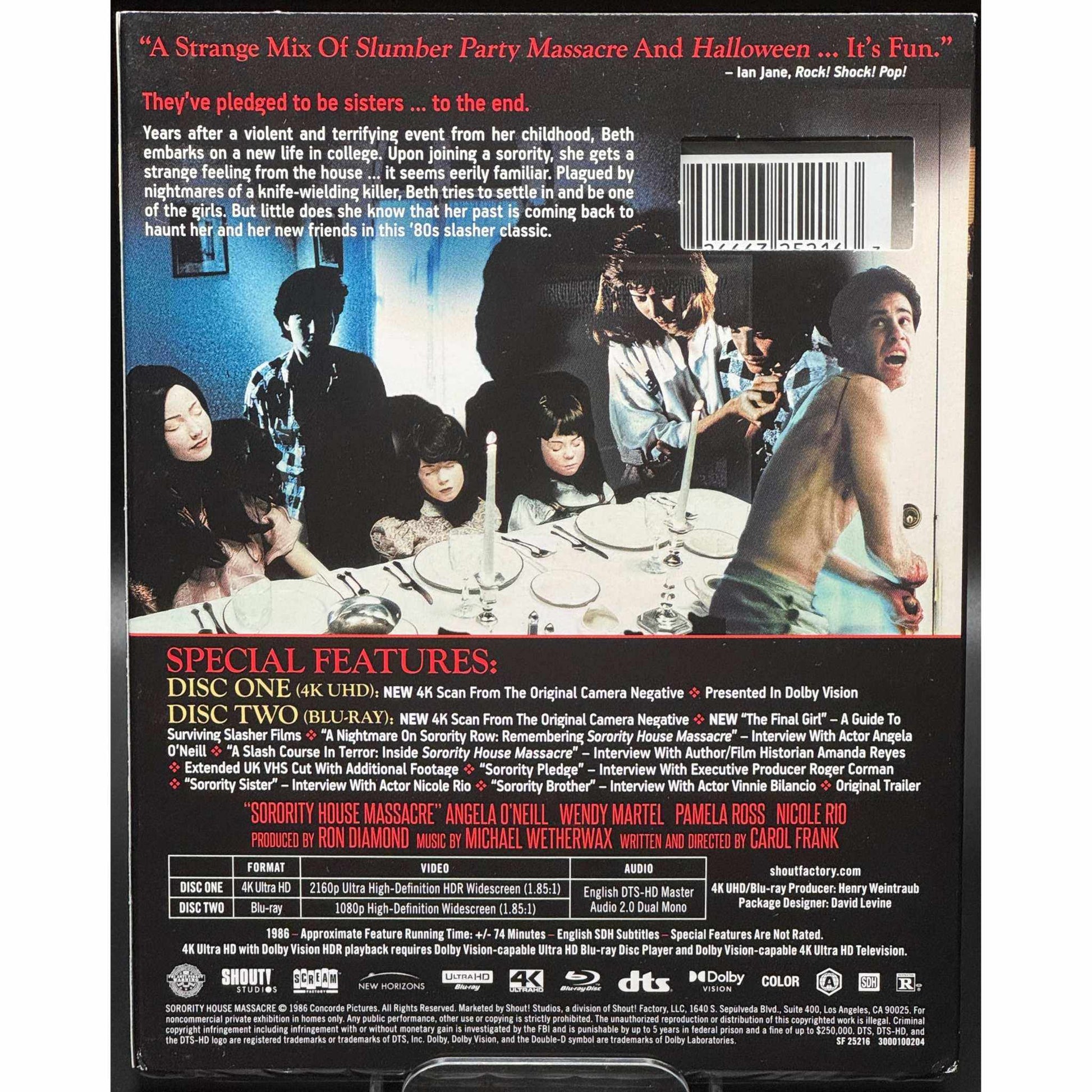4K UHD Collector's Edition of Sorority House Massacre with Blu-Ray, featuring slipcover with minor blemishes, and special features like Dolby Vision and exclusive interviews.