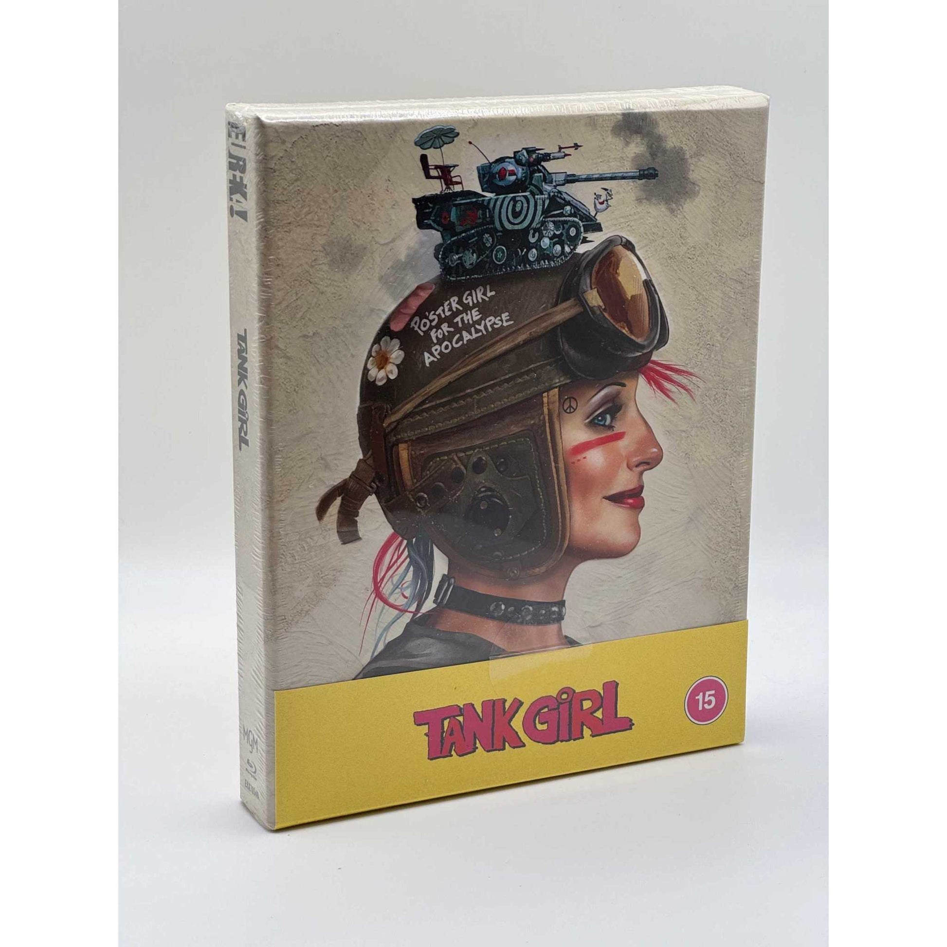 Tank Girl Limited Edition Blu-Ray with rigid slipcase featuring illustrated cover of Tank Girl wearing a helmet with a small tank on top