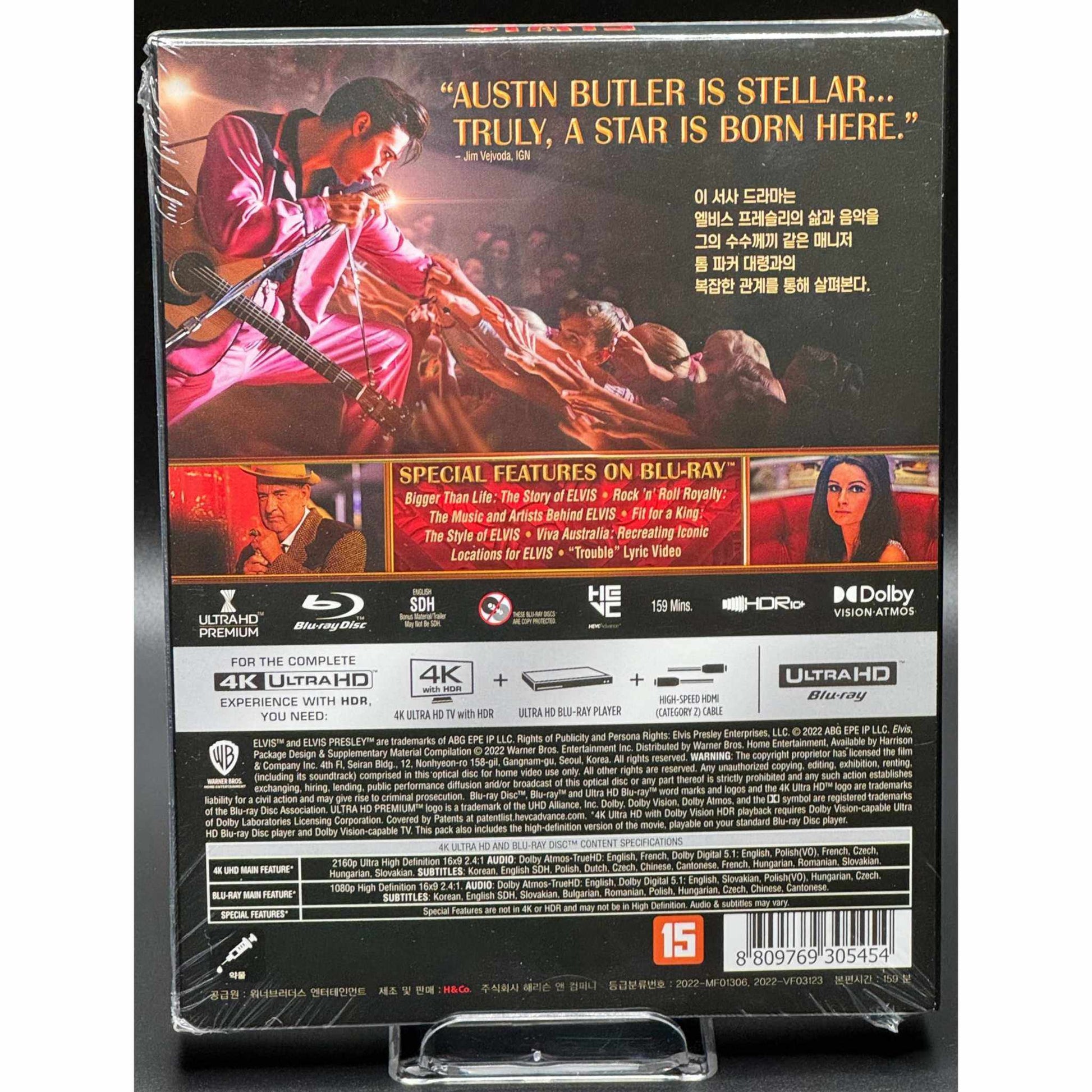 Elvis 4K UHD Blu-Ray Steelbook with Limited Edition Full Slip packaging featuring movie details and special features.
