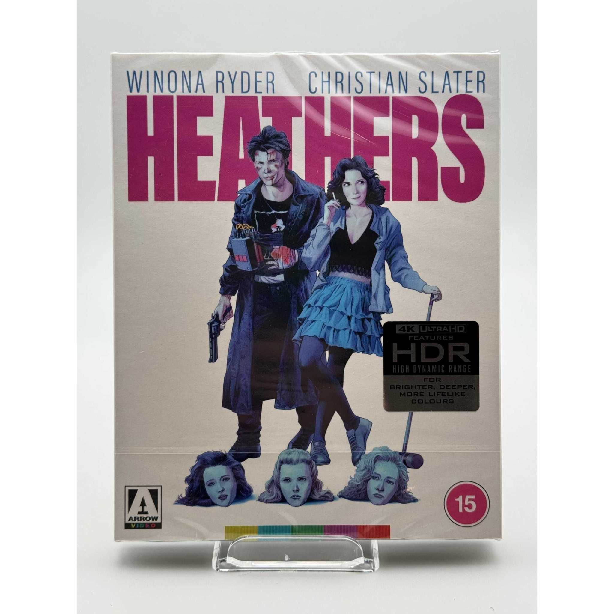 Heathers Limited Edition 4K Ultra HD Blu-ray with slipcover and extra features, featuring Winona Ryder and Christian Slater on cover.