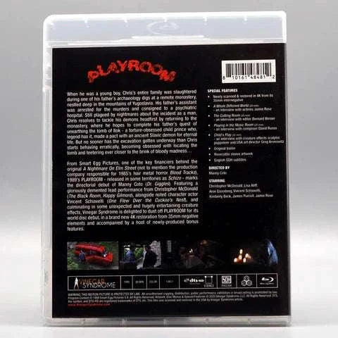 Vinegar Syndrome Playroom Blu-Ray slipcover with restored 4K transfer and bonus features packaging back cover