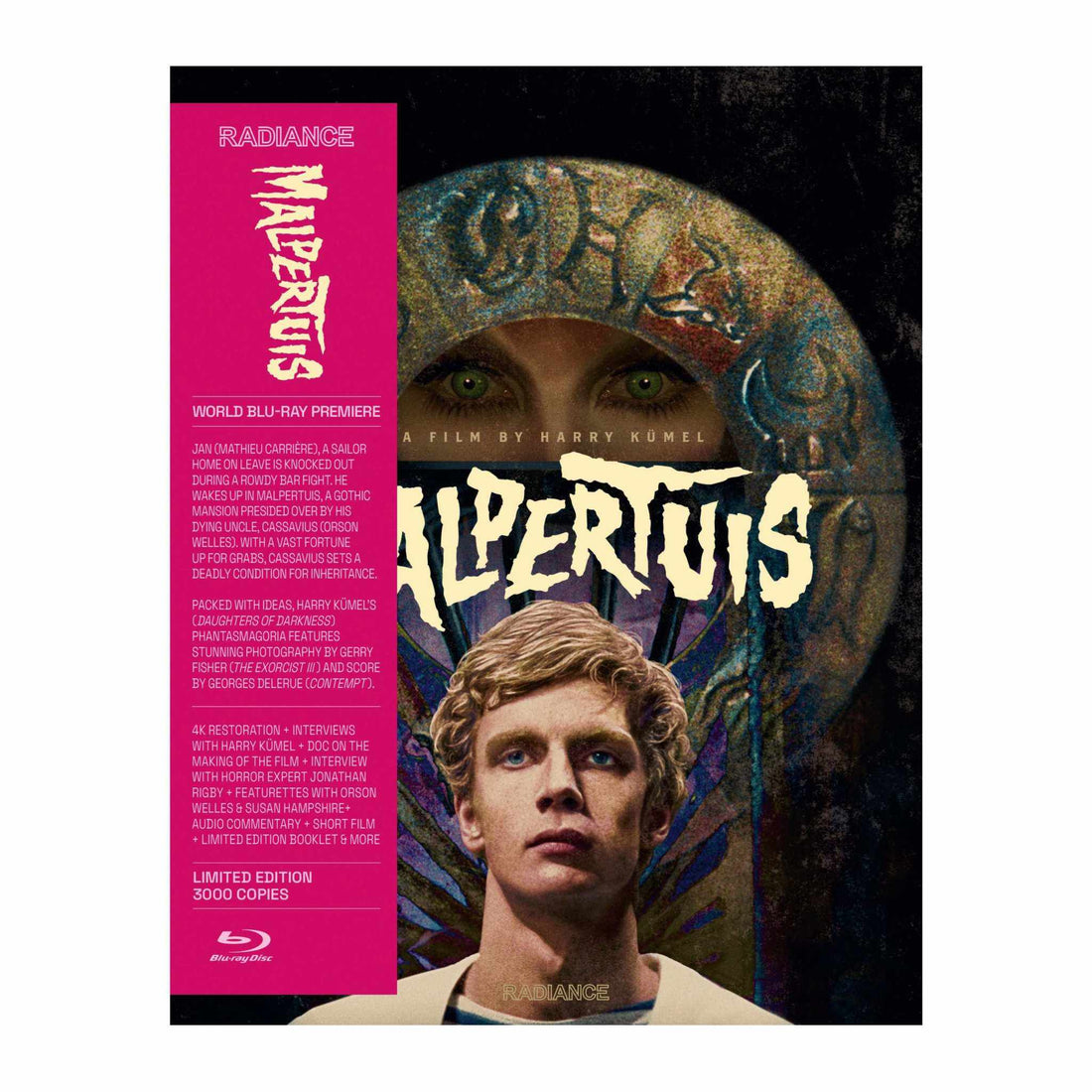 Malpertuis Limited Edition Blu-ray cover featuring a young man and gothic artwork, with details of a 4K restoration and bonus features.