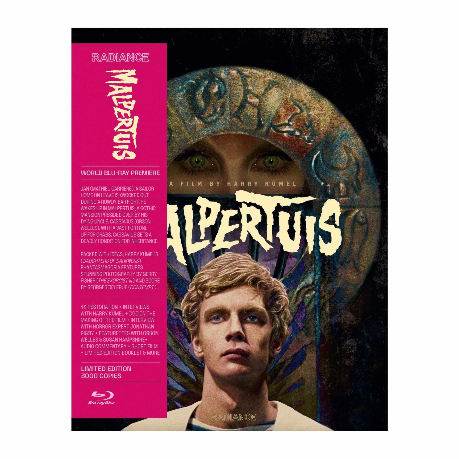 Malpertuis Limited Edition Blu-ray cover featuring a young man and gothic artwork, with details of a 4K restoration and bonus features.