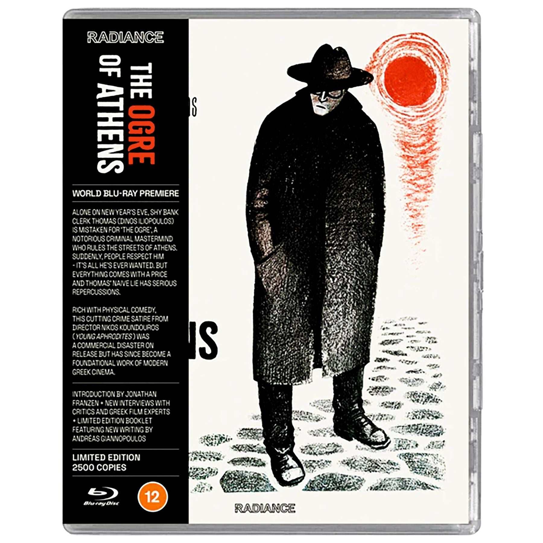 The Ogre Of Athens limited edition Blu-ray cover featuring a mysterious figure in a dark coat and hat with red sun illustration.