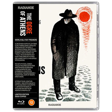 The Ogre Of Athens limited edition Blu-ray cover featuring a mysterious figure in a dark coat and hat with red sun illustration.
