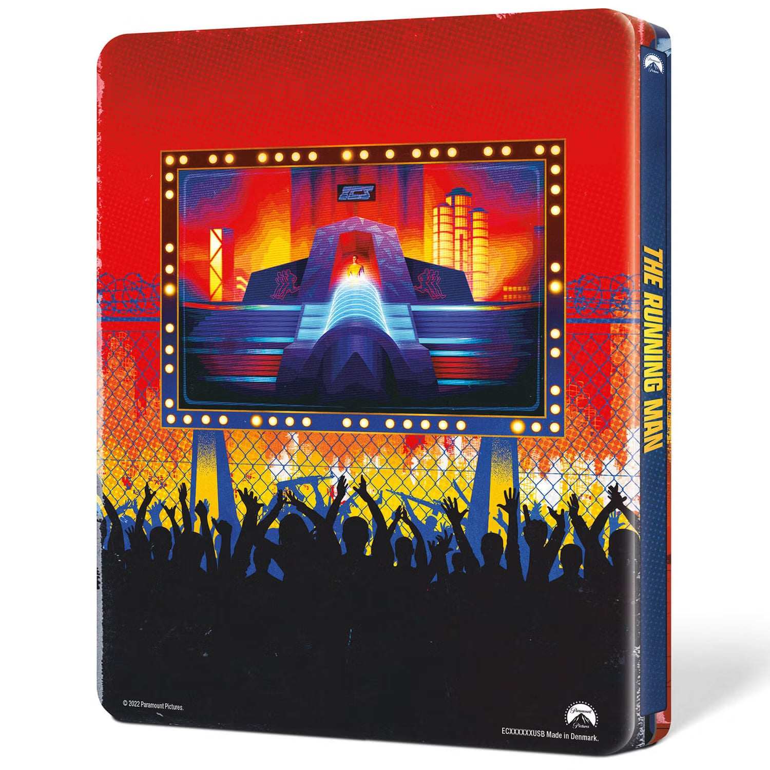 The Running Man limited edition UK steelbook 4K Ultra HD movie with colorful dystopian cityscape and crowd silhouette on cover