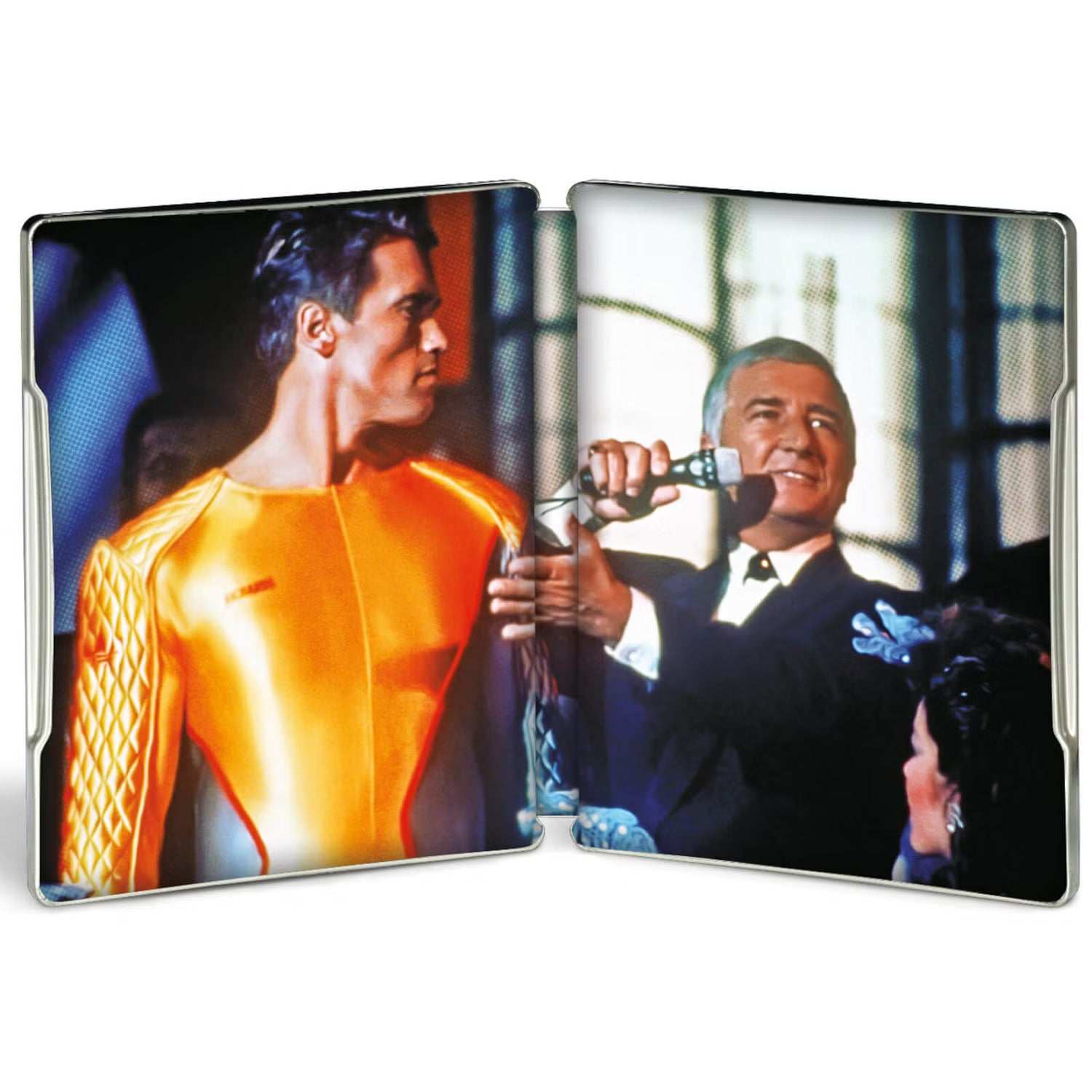 Steelbook 4K Ultra HD cover art of The Running Man featuring Arnold Schwarzenegger in orange suit and a man holding microphone inside case