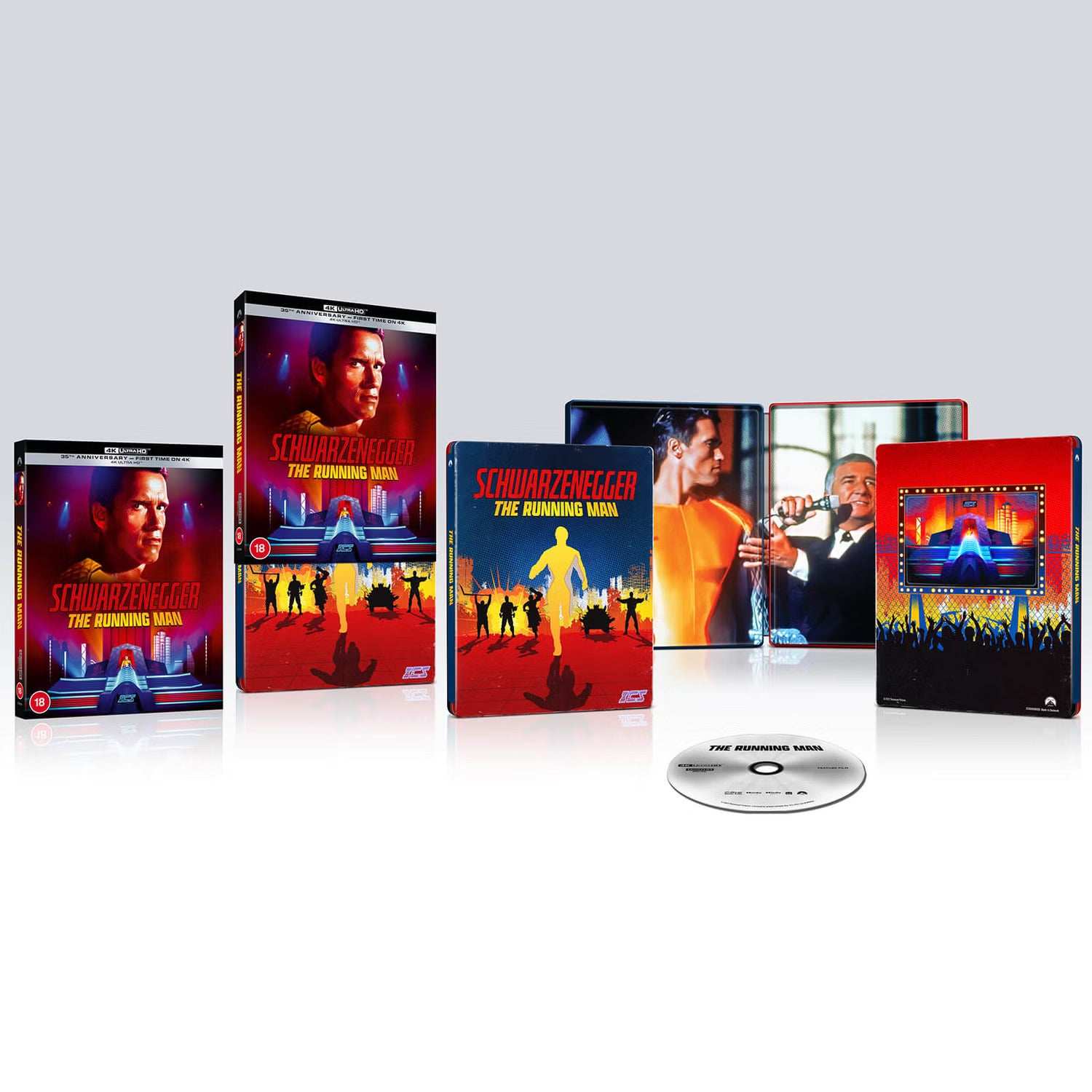 The Running Man limited edition UK Steelbook 4K Ultra HD pre-order set featuring Arnold Schwarzenegger and vibrant dystopian cover art