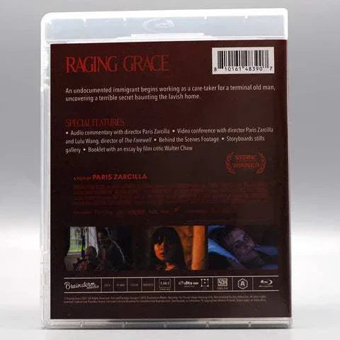 Raging Grace Blu-Ray case showing back cover with movie synopsis, special features, and film stills.
