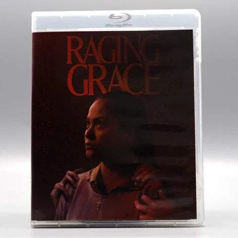 Raging Grace Blu-Ray cover featuring a dark portrait of a woman with hands on her shoulders and red title text.
