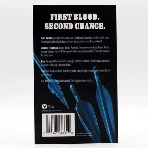 Back cover of "Rambo: First Blood Part II" paperback novelization by VS Press featuring text summary and blue arrows illustration.