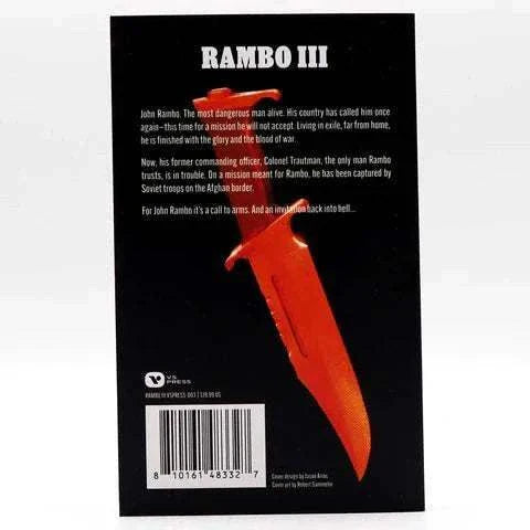 Paperback book cover of Rambo III Novelization featuring a red combat knife on a black background with summary text by David Morrell.