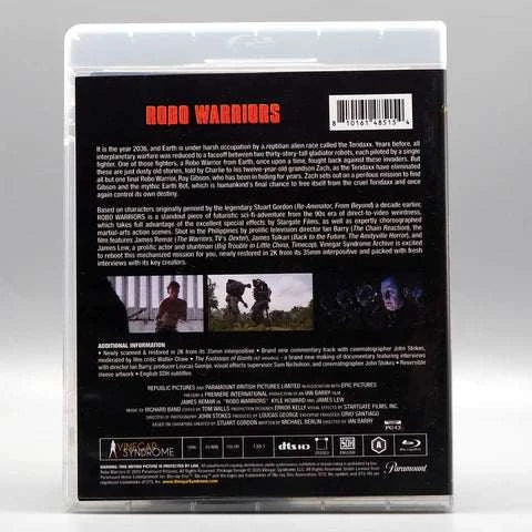 Blu-ray cover back of Vinegar Syndrome Archive Robo Warriors with detailed movie synopsis and special features information