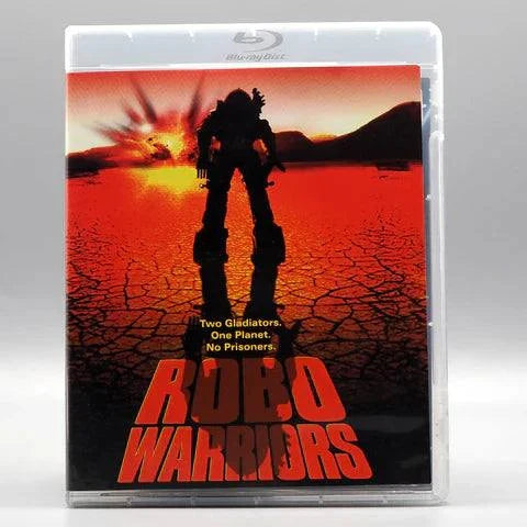 Vinegar Syndrome Archive Robo Warriors Blu-Ray with slipcover featuring a robot silhouette against a fiery sunset desert background