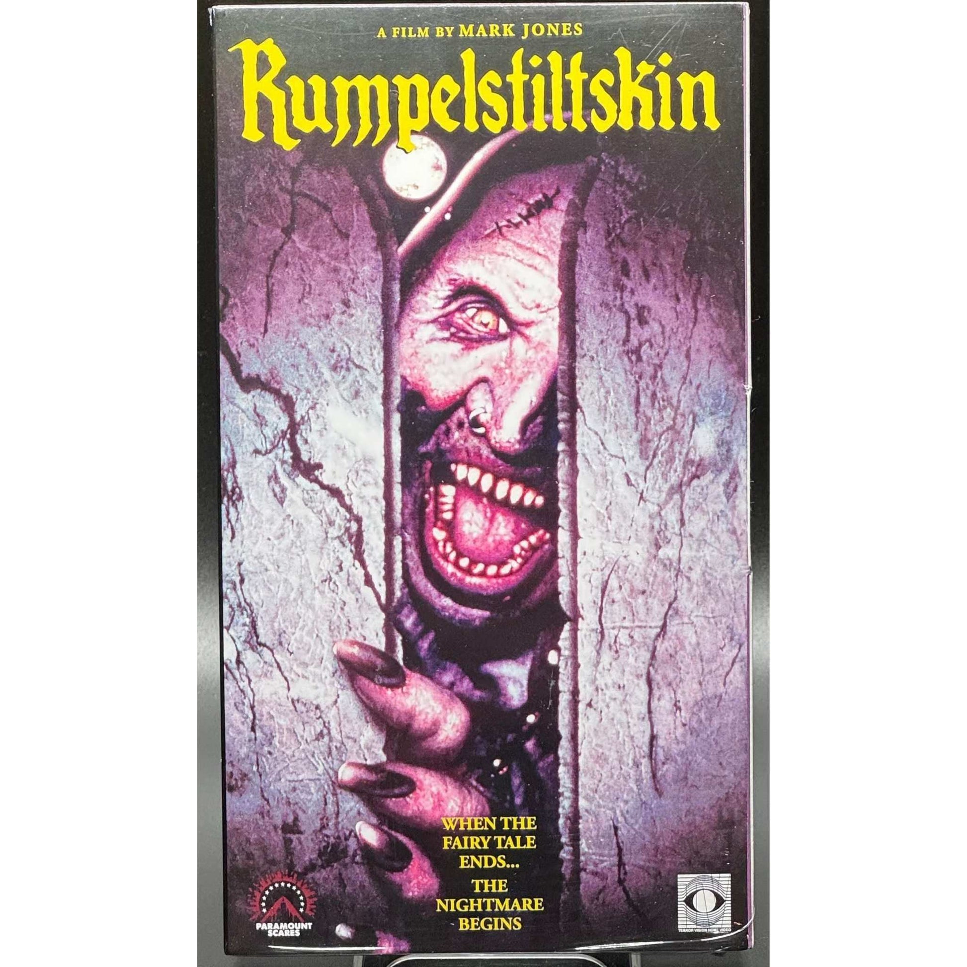 Rumpelstiltskin (1995) Paramount Scares VHS with Flip-Open Cover featuring demonic face emerging.