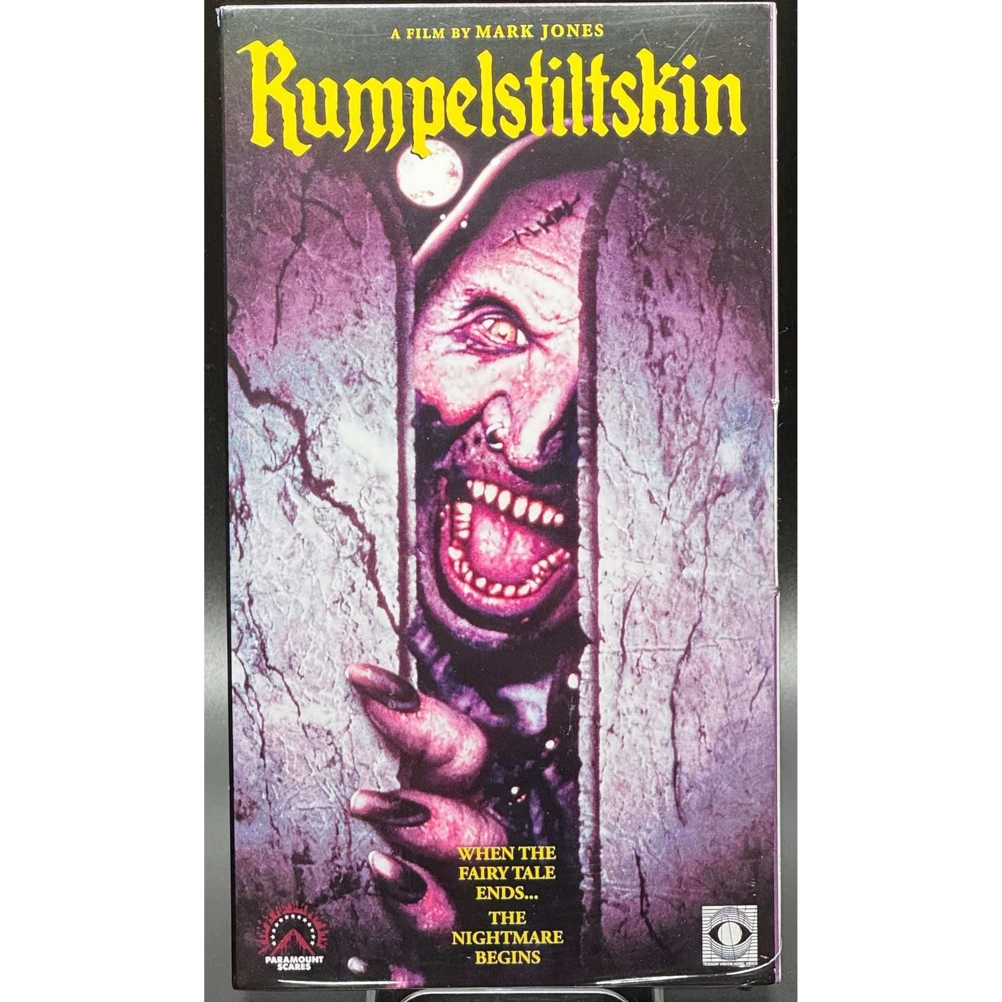 Rumpelstiltskin (1995) Paramount Scares VHS with Flip-Open Cover featuring demonic face emerging.