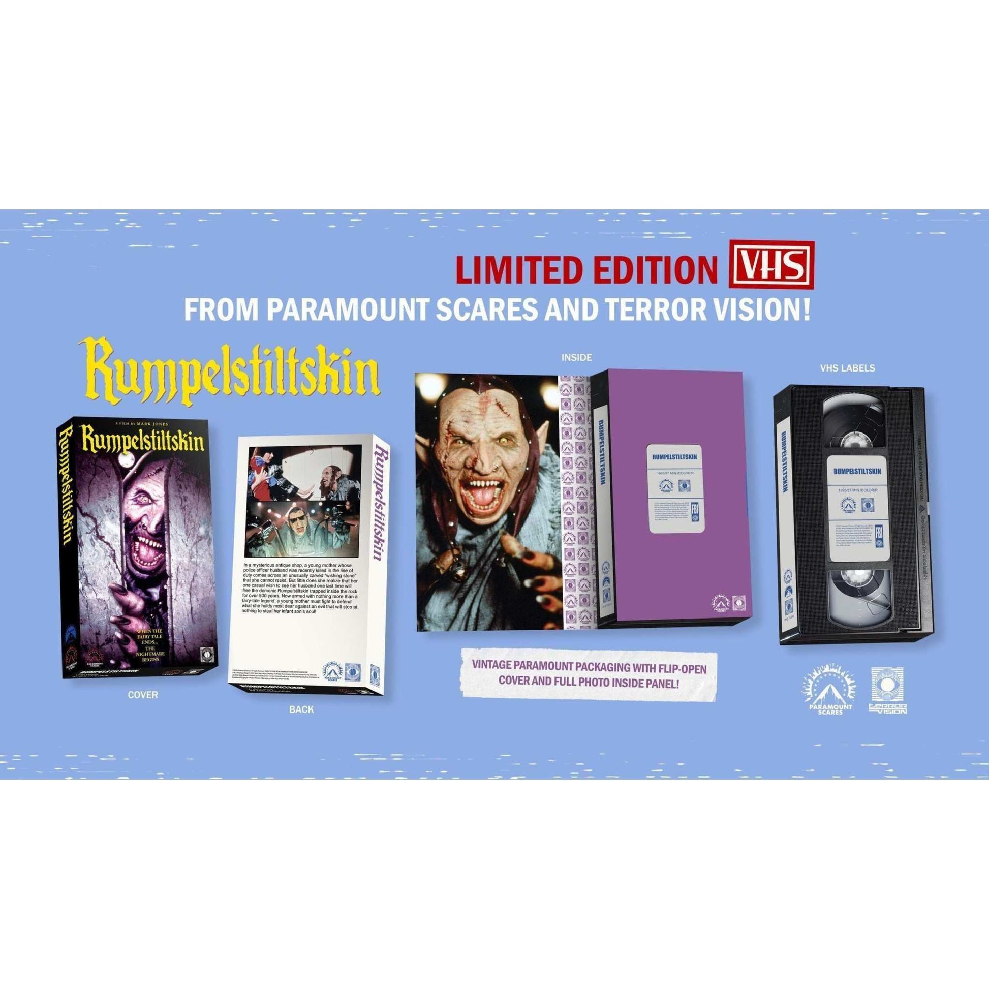Rumpelstiltskin (1995) Paramount Scares VHS with flip-open cover and vintage packaging.
