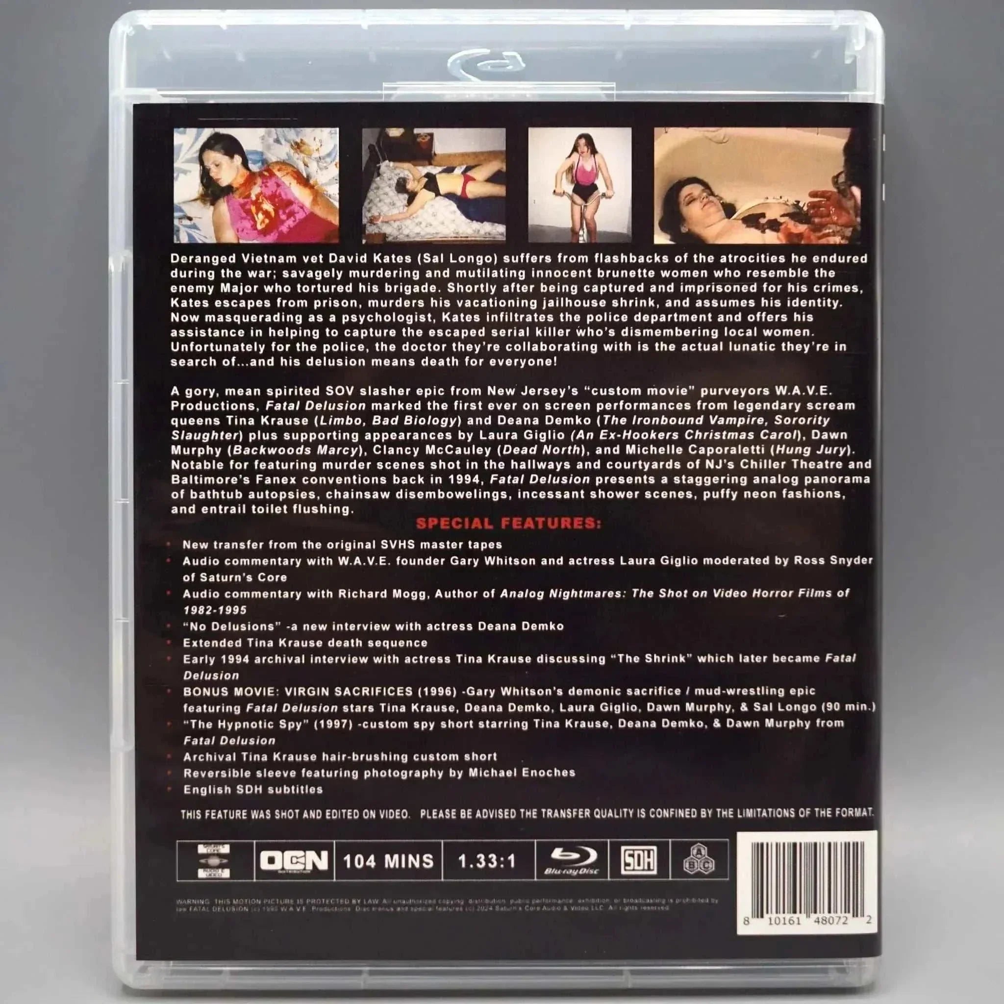 Blu-ray disc of Saturn's Core Fatal Delusion with slipcover featuring horror movie scenes and detailed synopsis on the back cover.