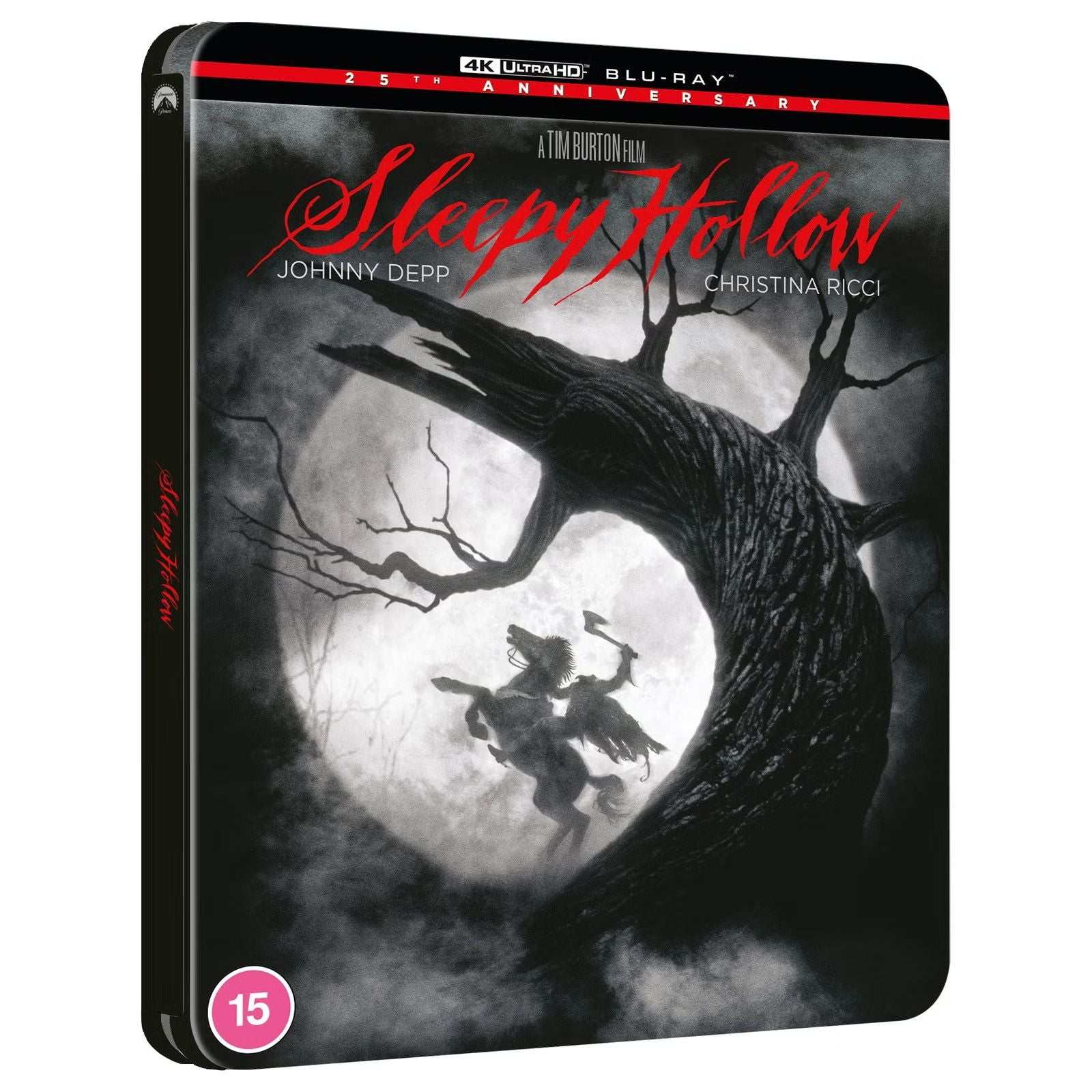 Sleepy Hollow Limited Edition UK Steelbook 4K UHD + Blu-Ray with Headless Horseman silhouette against full moon and twisted tree design