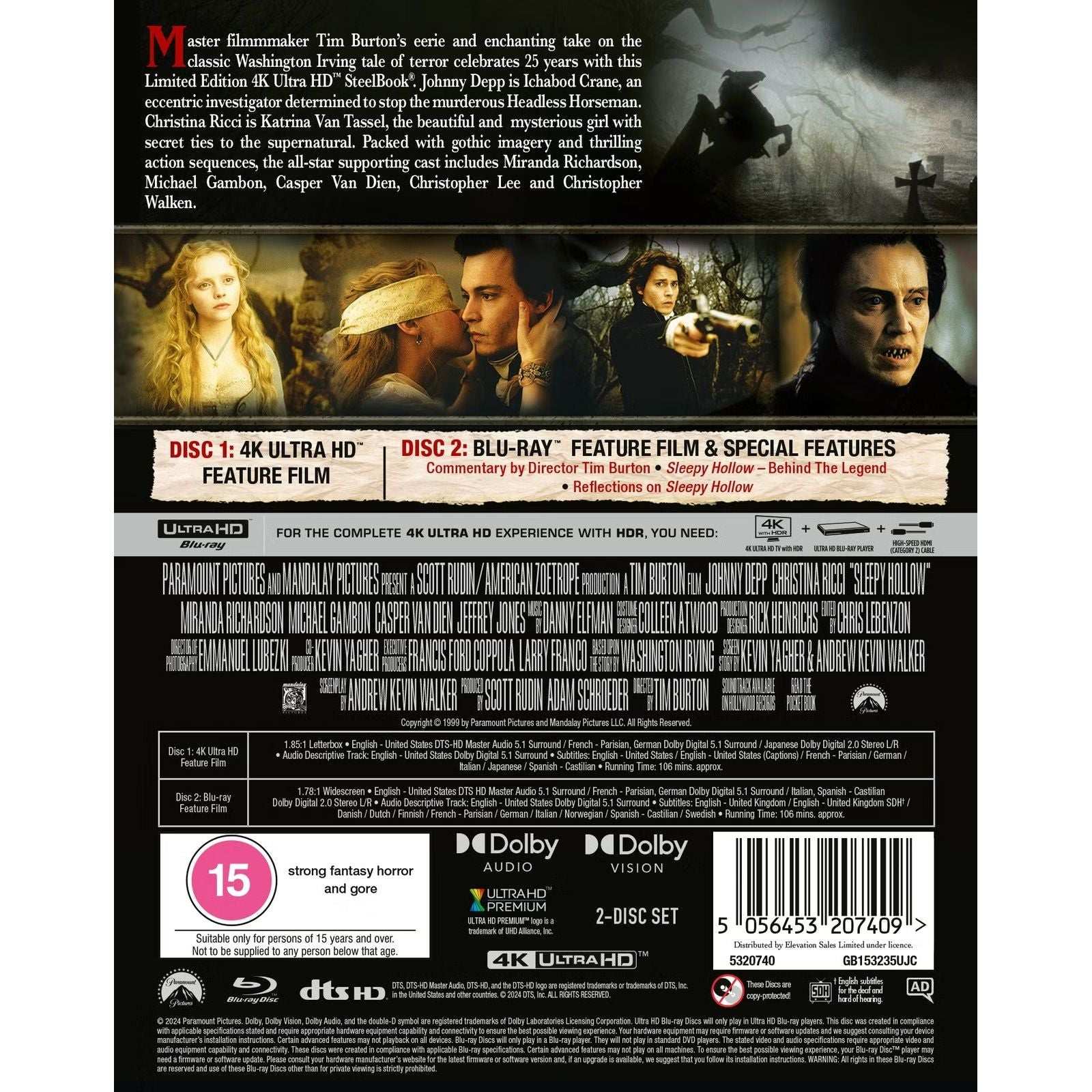 Sleepy Hollow Limited Edition UK Steelbook 4K UHD and Blu-Ray cover with movie scenes and feature list