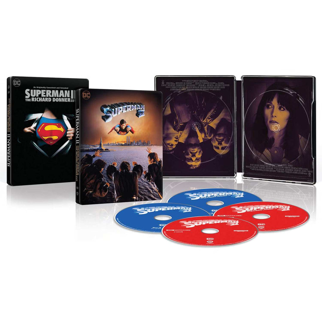 Superman II Theatrical and Richard Donner Cut limited edition steelbook 4K UHD and Blu-Ray set with special features and collectible packaging