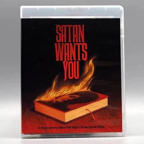 Satan Wants You Blu-Ray with slipcover featuring dramatic artwork of a flaming book, documentary on the origins of the Satanic Panic.