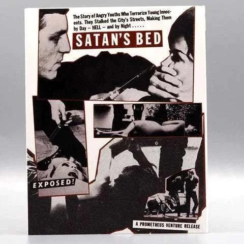 Satan's Bed + Scare Their Pants Off Blu-Ray cover featuring vintage crime and horror film scenes in black and white with red accents.