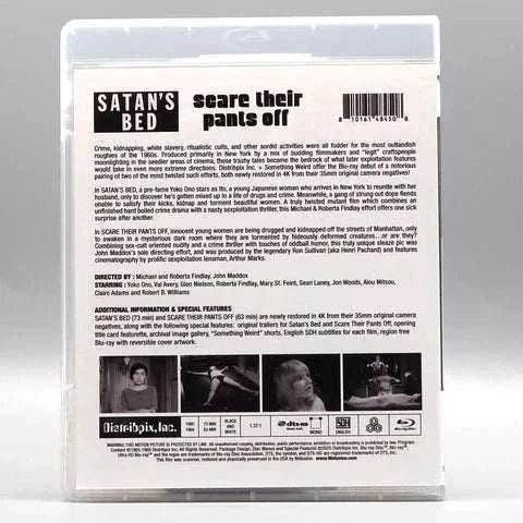 Blu-ray case back for Satan's Bed and Scare Their Pants Off with detailed movie summaries, cast info, and restoration features displayed.